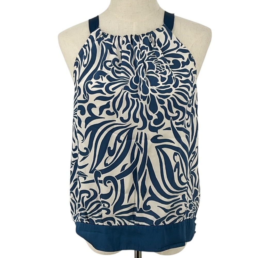 Ann Taylor Silk Halter Neck Floral Print Blouse Women‎ Sz 4 Navy Cream